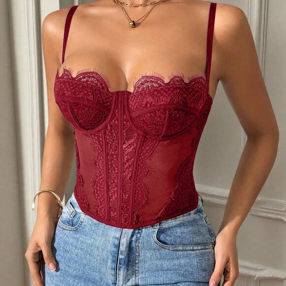 Burgundy Elegant Sexy Women's Bodycon Lace Trim Bustier Top - Picture 3 of 11